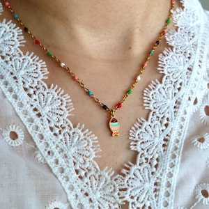 Colorful Fish Charm Necklace | Enamel Beaded Chain | Stainless Steel | Cute Gift for Kids or Fun Summer Jewelry for Her