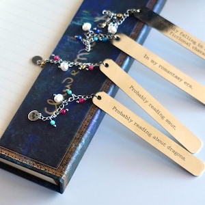 Handmade Metal Bookmark with Natural Gemstones | Romantasy, Fantasy and Smut Bookish Gift | Laser Engraved Stainless Steel