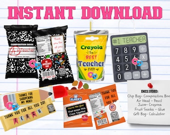 Teacher Treat Bundle| Teacher Christmas Gift| School Chip Bag Design| #1 Teacher| CapriSun Labels| Digital Chip Bag| Digital Juice Label|