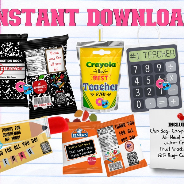 Teacher Treat Bundle| Teacher Christmas Gift| School Chip Bag Design| #1 Teacher| CapriSun Labels| Digital Chip Bag| Digital Juice Label|