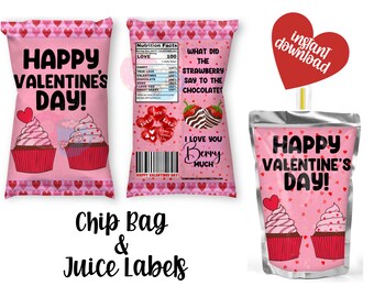 Puede incluir: Etiquetas imprimibles para bolsas de patatas fritas y cajas de zumo para el Día de San Valentín, con un fondo rosa, corazones y magdalenas. El texto de las etiquetas dice "¡Feliz Día de San Valentín!"