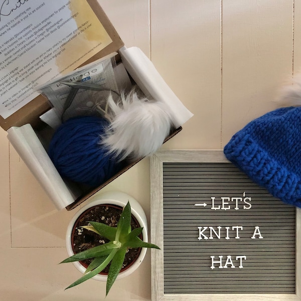 DIY Knitting Kit - Infant Winter Hat with Faux-Fur Pom, all materials sourced in North America, baby shower gift, ergonomic needles