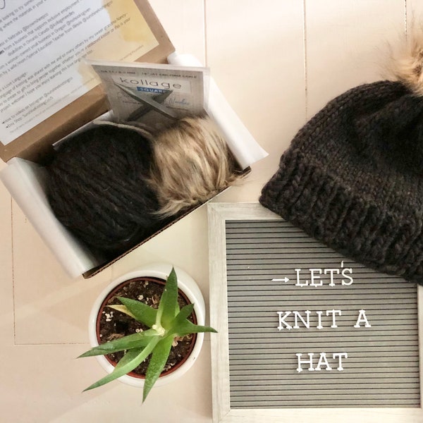 DIY Knitting Kit - Adult Women Winter Hat with Faux-Fur Pom, all materials sourced in North America, handmade gift idea, ergonomic needles