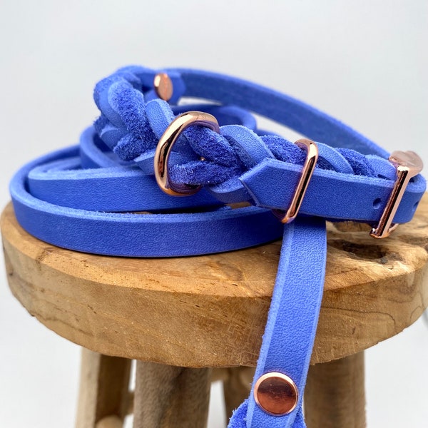 Electric Blue - Fettlederleine & Fettlederhalsband / Fettlederset / Leine und Halsband aus Leder