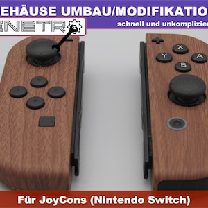 Könnte beinhalten: Zwei braune, hölzerne Nintendo Switch Joy-Con-Controller mit schwarzen Knöpfen und Analogsticks. Der Text "GEHÄUSE UMBAU/MODIFIKATION" und "RENETR" ist oben im Bild sichtbar.