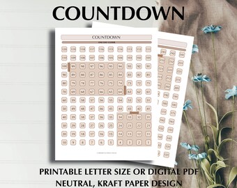 COUNTDOWN, Printable oder Digital PDF, 2 Seiten, Letter Size, Neutral, Minimalist, Kraft Tan Design, Reise Urlaubsplanung