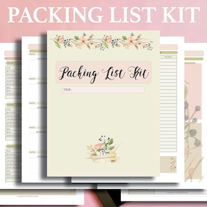 May include: A printable packing list kit with a floral design. The kit includes a cover page with the text "Packing List Kit" and a space for the trip name. There are also several pages for listing items to pack, with columns for the item name, date, and whether the item is packed.