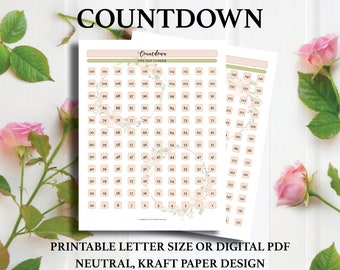 COUNTDOWN, Printable or Digital PDF, 2 Pages, Letter Size, Watercolor, Pink Green Floral Design, Trip Vacation Planning