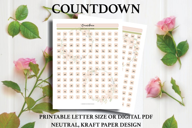 COUNTDOWN, Printable or Digital PDF, 2 Pages, Letter Size, Watercolor ...