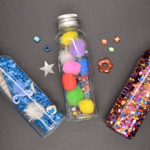 Set of 3 sensory bottles, sound bottles, rattles, Montessori method, calming, discovery, relaxation, glitter