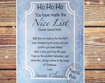 Personalized Santa's Nice List Letter: Christmas Eve Box Filler