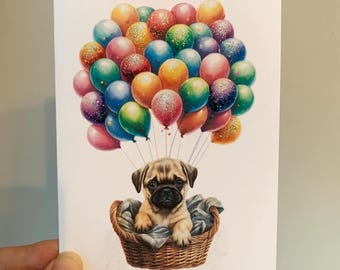 Pug puppy Birthday card, card from the dog, REAL GLITTER accents, happy birthday card, card for pug owner, new puppy card,personalised card
