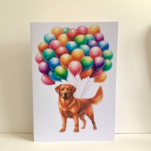 Carte d'anniversaire renard roux, carte du chien, chien avec des ballons, carte pour propriétaire de labrador, carte personnalisée, message imprimé sur la carte