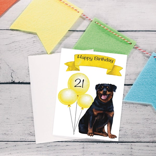 Rottweiler Birthday card, personalised dog card, card from the dog, dog with balloons, happy birthday card