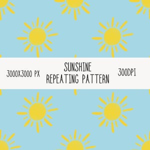 Könnte beinhalten: Ein sich wiederholendes Muster mit gelben Sonnen auf hellblauem Hintergrund. Das Bild enthält den Text "Sunshine Repeating Pattern", "3000x3000 PX" und "300DPI". Dieses Design eignet sich für verschiedene Anwendungen.