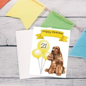 Carte d'anniversaire cocker, carte chien personnalisée, carte du chien, chien avec des ballons, carte de joyeux anniversaire