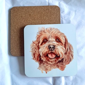 May include: A watercolor painting of a brown and white dog with a happy expression. The dog's fur is fluffy and the painting has a soft, watercolor effect.