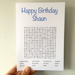 Carte recherche de mots, carte de joyeux anniversaire, carte d'anniversaire personnalisée, carte pour elle, carte pour lui, carte personnalisée, cadeau puzzle
