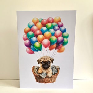 Carte d'anniversaire pour chiot carlin, carte du chien, chien avec des ballons, carte de joyeux anniversaire, carte pour propriétaire de carlin, carte pour nouveau chiot, carte personnalisée