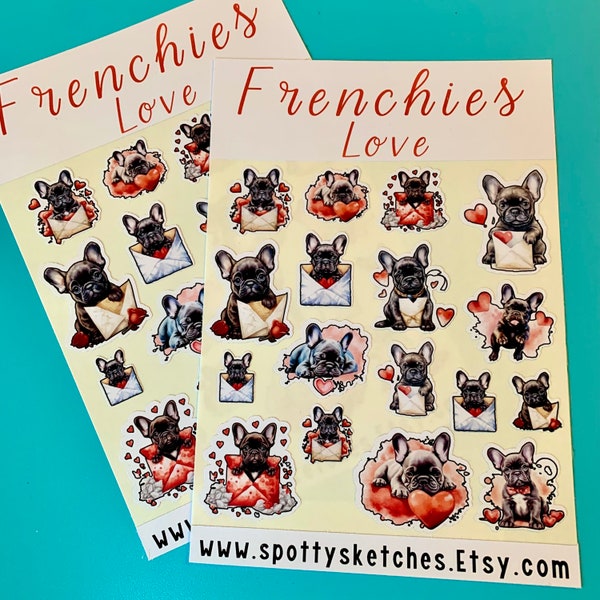 Frenchie sticker sheet, gift for French Bulldog owner, pet stickers, animal decals, cute stationary, party bag fillers, valentines stickers