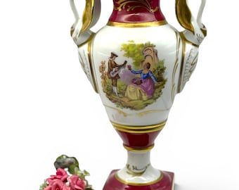 Vintage Limoges France Porcelain Swan Handle Vase, Hand-Painted Burgundy & Gilt Decoration, Romantic Transfer Scene, 27.5 cm (10 3/4")