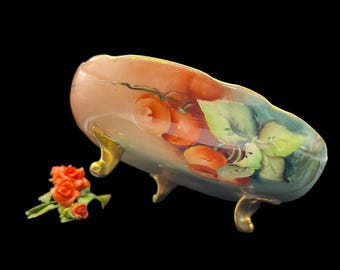 Antique P.H. Leonard Vienna Austria Hand-Painted Art Nouveau Footed Porcelain Bowl Signed By Cecelia Becker 1906 Fruit Decoration