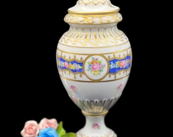 Antique Carl Thieme Potschappel Dresden Covered Porcelain Urn / Pedestal Jar Ca. 1920s