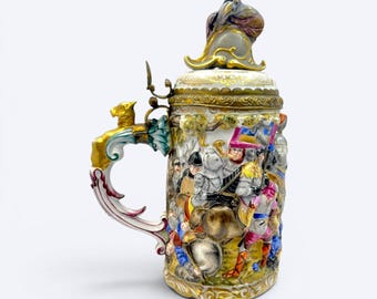 Rare Volkstedt Antique Porcelain Tankard - Stein - Hand-Painted, High Relief Battle Scene - 26 cm (10 1/4) Tall - 1.2 Liter (0.32 Gallon)