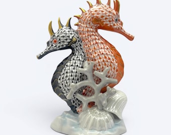 Rare Herend Hungary Fishnet Seahorse Figurine Pair – Orange & Black – Model 5327/VHN - Hand Painted - 18 cm - 7 1/16 inches