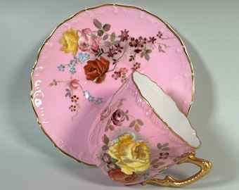 Antique Royal Worcester Porcelain Demitasse Cup & Saucer, Hand-Painted Floral Decoration, England, 1893