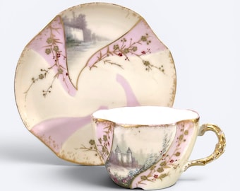 Rare French Hand Painted Porcelain Scenic Cabinet Cup and Saucer by Lecoader & Fils Bordeaux