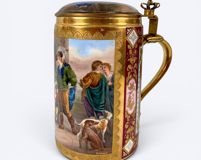 Featured listing image: Royal Vienna Antique Hand Painted Porcelain Lidded Beer Stein Tankard Mug, Gilt Bronze Mounted, 650 ml, 16 cm, Austria