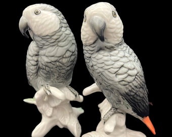 Karl Ens Volkstedt Vintage Handmade Pair of Gray Parrots Porcelain Figurine