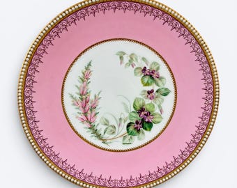 Rare 19th Century Royal Worcester Hand-Painted Botanical Porcelain Cabinet / Wall Plate – Pink Ground, Jeweled Gilt Border – 23 cm