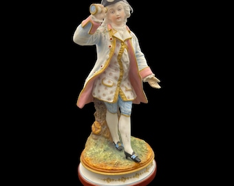 Antique Paris Porcelain Bisque Figurine: 19th Century Handcrafted Hand-Painted Biscuit Porcelain Nobleman with Monocular, Enamel Details