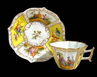 Antique Helena Wolfsohn Dresden Yellow Ground Porcelain Cabinet Cup And Saucer Germany Ca. 1881