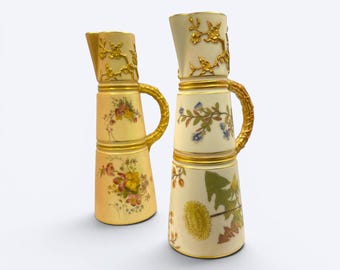Pair of Royal Worcester Aesthetic Movement Bamboo Handle Porcelain Pitchers, 1887, Hand Painted, Gilt Relief, 850 ml, 26 cm (10.25 in)