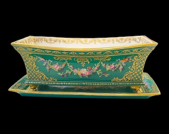 Paris porcelain jardiniere with tray – hand painted floral and bird decoration – 23.8 cm – 9.37 inches