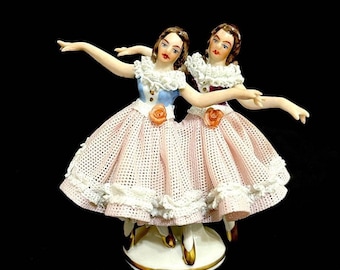 Wilhelm Rittirsch Dresden Lace Porcelain German Flawless Figurine Dancing Girls