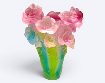 Daum France Signed ‘Roses Passion’ Vase – Multicolor Pâte de Verre Crystal Glass Sculpture – Pink Green Blue – 18 cm - 7 1/16 inches
