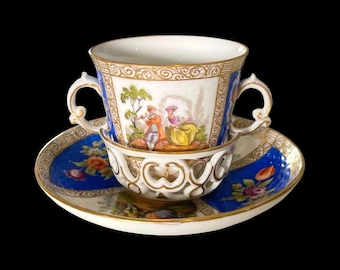 Antique Helena Wolfsohn Dresden Porcelain Large Tea Cup & Saucer, c.1843–1900, Hand Painted, Double Handle, German Luxury Tremor Teacup