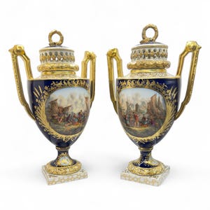Pair of Helena Wolfsohn Dresden Porcelain Liddes Urns / Vases – Hand-Painted Harbor Scenes, Cobalt Blue and Gold – 31 cm (12 1/4”)