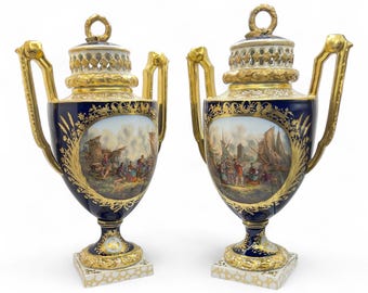 Pair of Helena Wolfsohn Dresden Porcelain Liddes Urns / Vases – Hand-Painted Harbor Scenes, Cobalt Blue and Gold – 31 cm (12 1/4”)