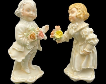 Exquisite Karl Ens Porcelain Figurines, Victorian Boy and Girl with Bouquets, 1919-1945, Height 12cm/4.7in