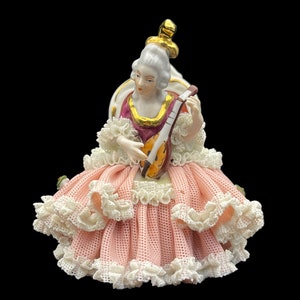 Wilhelm Rittirsch Dresden Lace Porcelain Figurine - Lady Musician, 11.5cm (4.5 inches)
