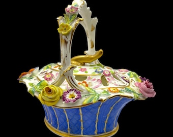 Antique 19th Century Coalbrookdale Porcelain Flower Basket – Hand-Painted Floral Detail – 17 cm 6 3/4 in– Rare English Porcelain