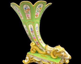 Antique Bourdois & Bloch Paris Porcelain Cornucopia Vase - Handmade and Gold Gilded