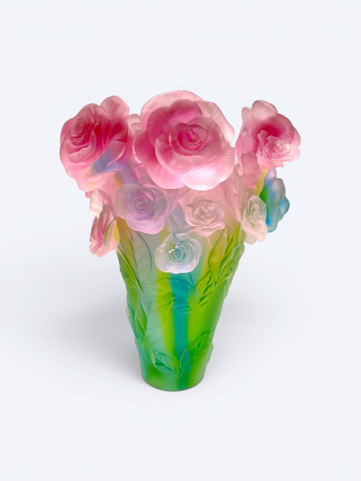 Daum France Signed 'roses Passion' Vase – Multicolor Pâte De Verre