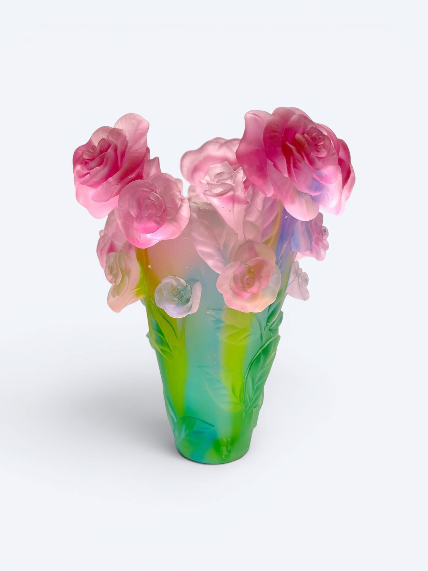 Daum France Signed 'roses Passion' Vase – Multicolor Pâte De Verre