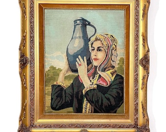 Framed Needlepoint Embroidered Picture of a Villager Woman French Gobelin Goblen DMC cottons
